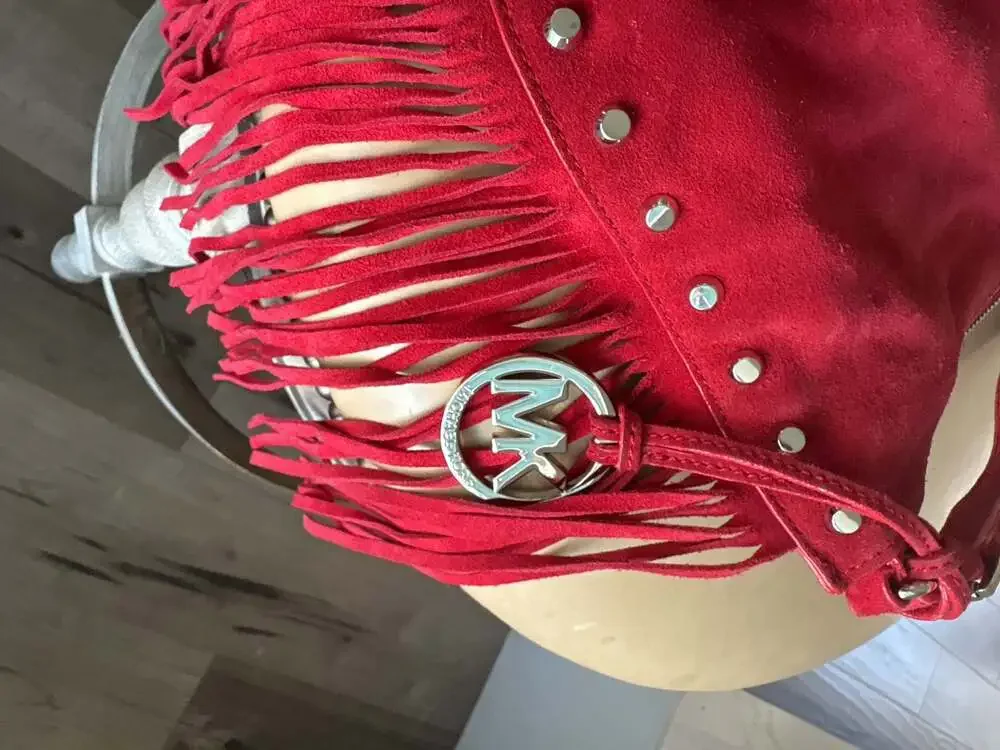 MICHAEL Michael Kors Red Suede Billy Large Fringe Hobo Bag